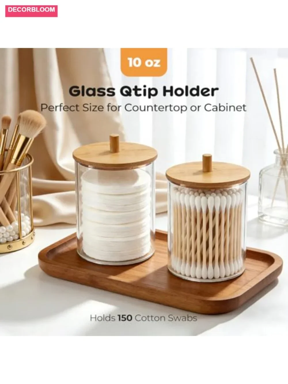 Glass Qtip Holder Dispenser Set with Bamboo Lids 10oz Cotton Swab Jar